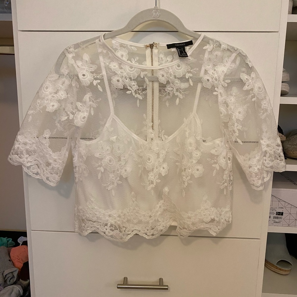 White lace, open back top